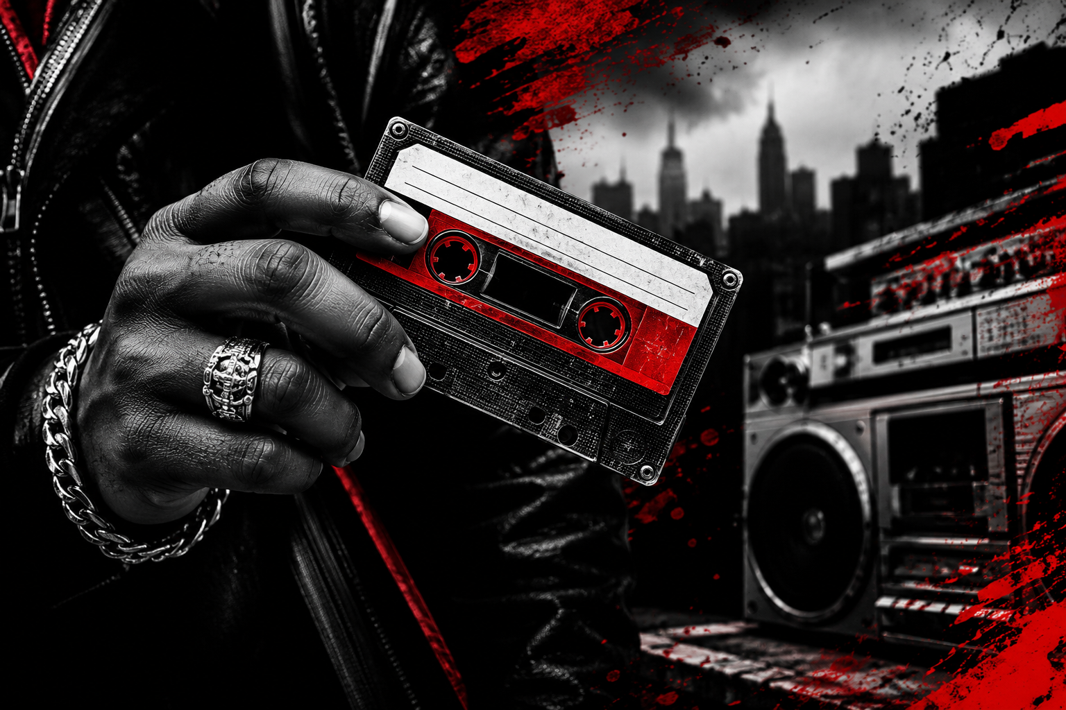 Best Mixtape Websites in 2026: Where Can Rappers Upload Mixtapes? 2 A hand in a leather jacket holds a red and black cassette tape, with a city skyline and a vintage boombox in the background, splashed with red accents—capturing the retro vibe that inspires many Top Mixtape Sites and creative mixtape upload websites today.