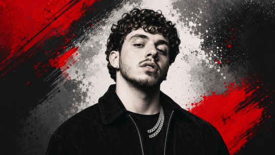 I Want To Know ᐉ【The Corporatethief Beats】 4 A young man with curly hair and a trimmed beard stares confidently at the camera, wearing a black jacket and silver chains, set against a dramatic black, white, and red paint-splattered background—capturing that bold energy of a Jack Harlow Type Beat.