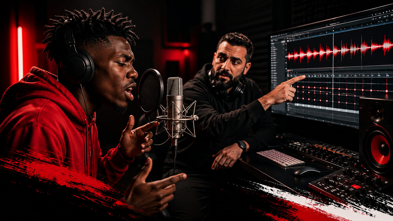 How to Rap on Beat in 2026: Improve Your Timing, Rhythm and Flow 2 A man in a red hoodie demonstrates how to rap on beat as he raps into a microphone in a recording studio, while another man, both wearing headphones, points at soundwave graphics on a computer screen.