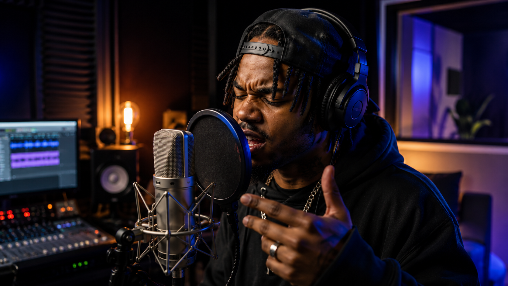 Recording Rap Vocals in 2026: 11 Ways to Get a Professional Sound 2 A man wearing headphones and a cap is recording rap vocals passionately into a microphone in a dimly lit music studio, surrounded by audio equipment and a computer screen displaying sound waves.