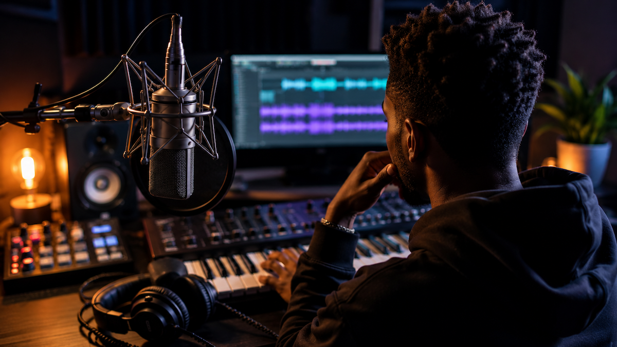 What is a Hook? Understanding Its Role in Music 2 A person works at a recording studio desk with a keyboard, headphones, microphone, and a computer displaying audio editing software—perfectly positioned to discover what is a hook and craft that catchy element essential for any memorable track.