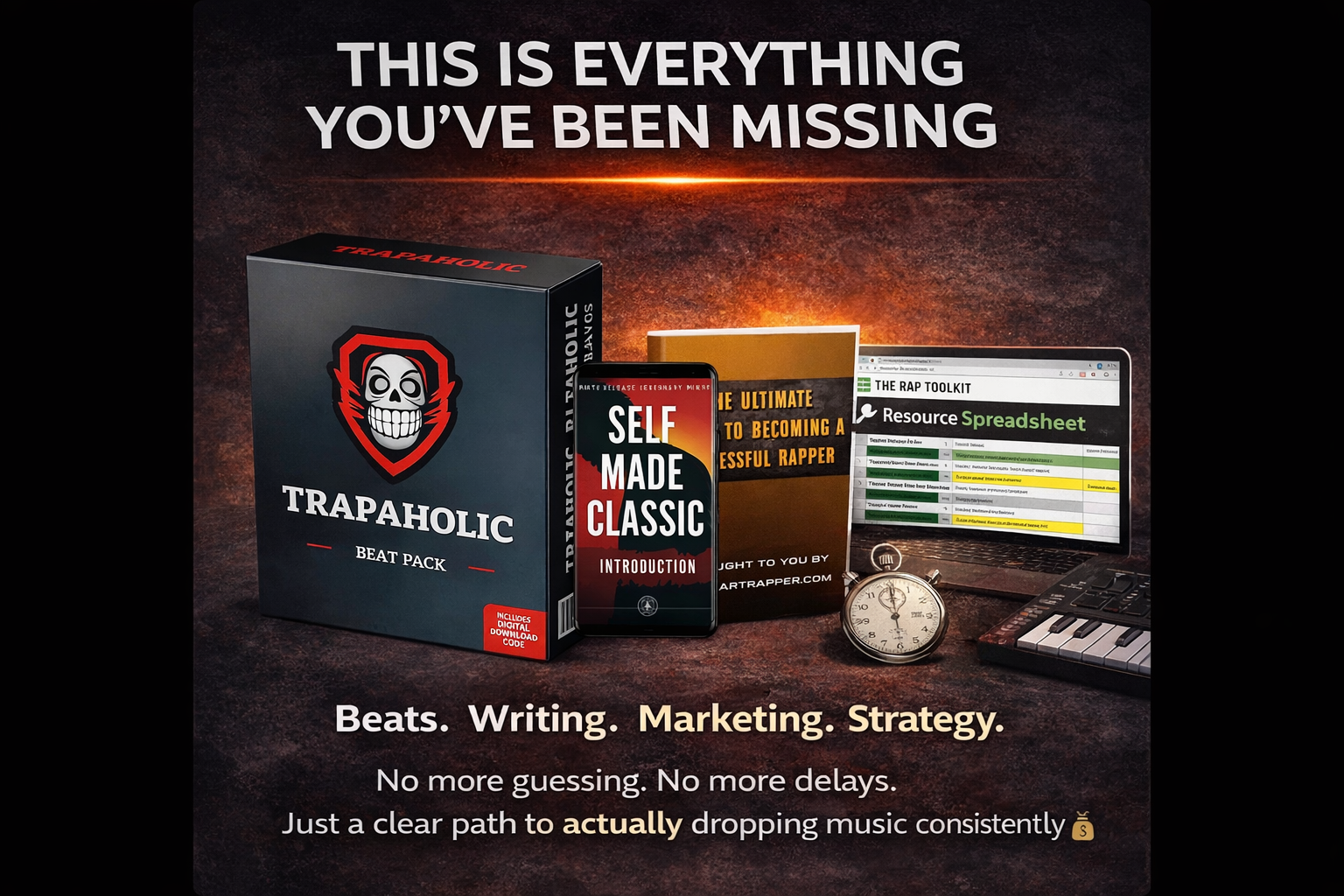 18c5a76d-9bdb-4ad7-8bfd-2a58401c7c25 A promotional image for Trapaholic Beat Pack shows a box, books, a laptop, a keyboard, and a notepad. Text emphasizes beats, writing, marketing, and strategy for music creators, promising no more guessing or delays.