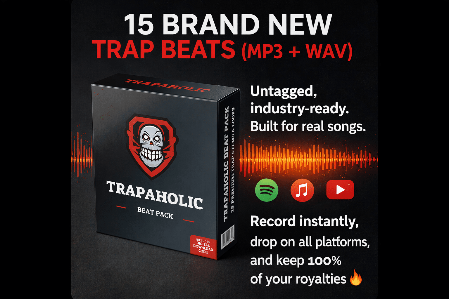 5f2e2da6-05c2-4acc-90f6-6570f0a56317 A promotional image for Trapholic Beat Pack featuring a box with a skull logo. Text highlights 15 new trap beats (MP3+WAV), untagged and royalty-free for use on Spotify, YouTube, and other platforms.