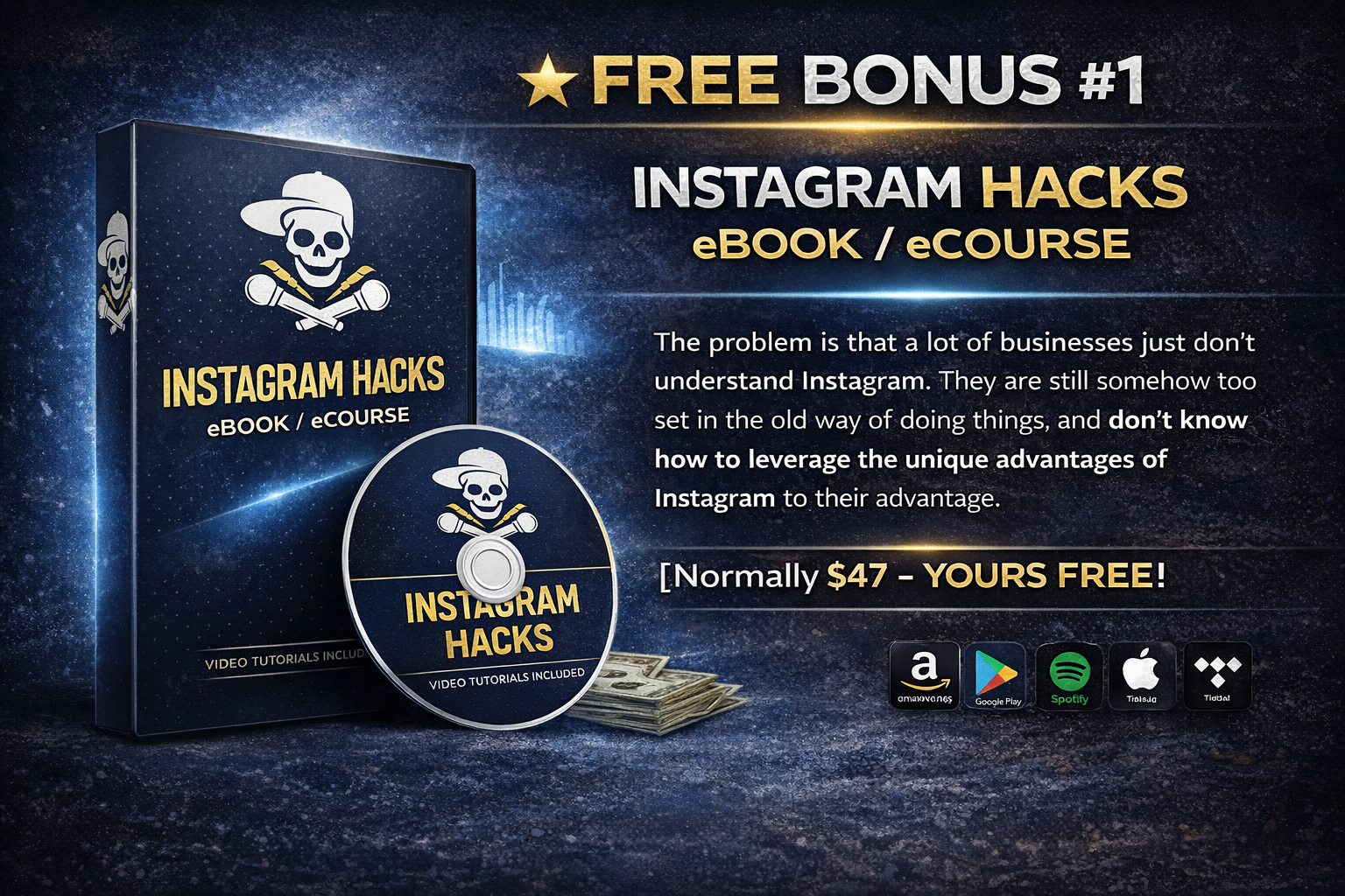 Playlist maker beat pack 3 A promotional graphic for a free Instagram Hacks eBook/eCourse, showing a book and disc with a skull and crossbones logo. Text highlights the offer, stating its normally $47 and now free, with a description of Instagram tips.