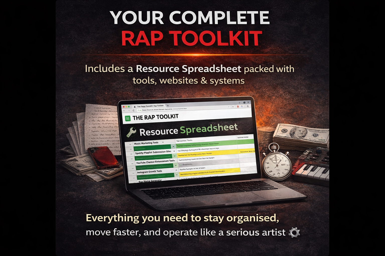 b8d5068b-a8be-49d8-a592-006a598bcf0e A laptop displays a “Resource Spreadsheet” titled RAP TOOLKIT. Surrounding it are a notepad, pen, headphones, sheet music, and a MIDI keyboard. The text promotes organization tools for rap artists.