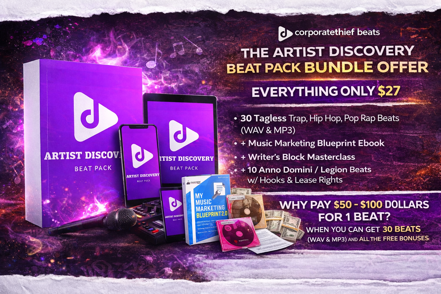 beat pack bundle Promotional graphic for The Artist Discovery Beat Pack Bundle Offer by Corporatethief Beats, showing music production materials, digital devices, $20 and $10 bills, and bonus items, all for $27. Text highlights deal details.