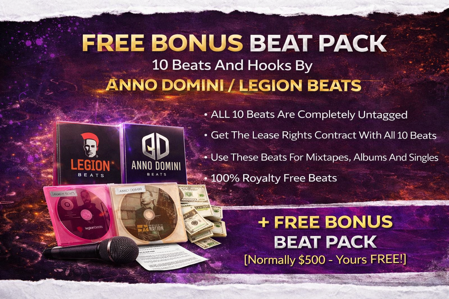 bonus beats Promotional image for a Free Bonus Beat Pack offering 10 untaged beats and hooks by Anno Domini and Legion Beats. Includes images of music CDs, money, a microphone, and headphones on a purple and yellow background.
