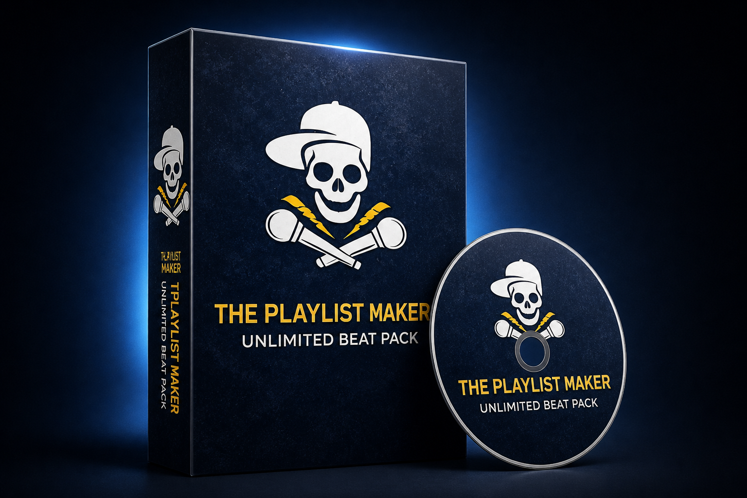 0a016d9d-89a7-4770-8e5c-8fa9a60a0095 A software box and CD labeled The Playlist Maker Unlimited Beat Pack, featuring a skull with a cap and crossed microphones design on a dark background with gold and white accents.