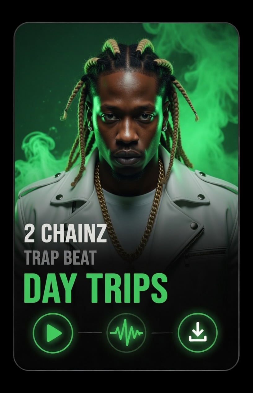 2 chainz altanta trap type beat day trips A promotional image featuring 2 Chainz in a white jacket, surrounded by green smoke. Text reads: 2 Chainz Trap Beat Day Trips with play, audio, and download icons below.