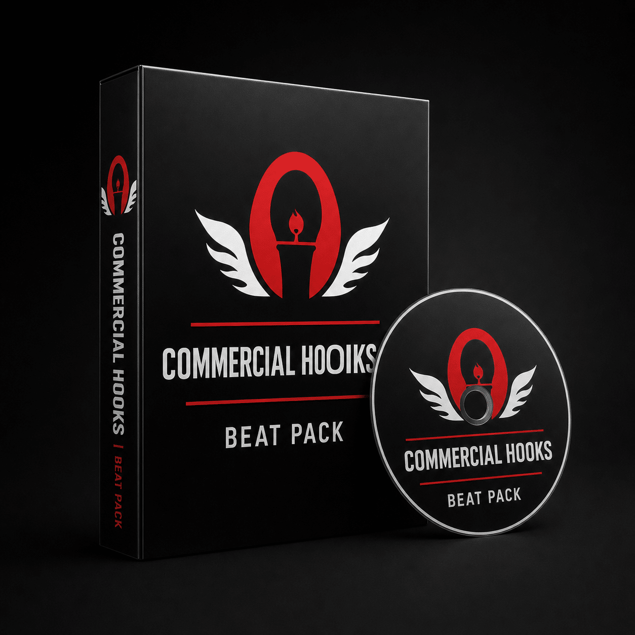 Commercial Hooks - beat tape A black box and CD labeled Commercial Hooks Beat Pack with a red and white logo featuring a stylized candle and wings, displayed against a black background.