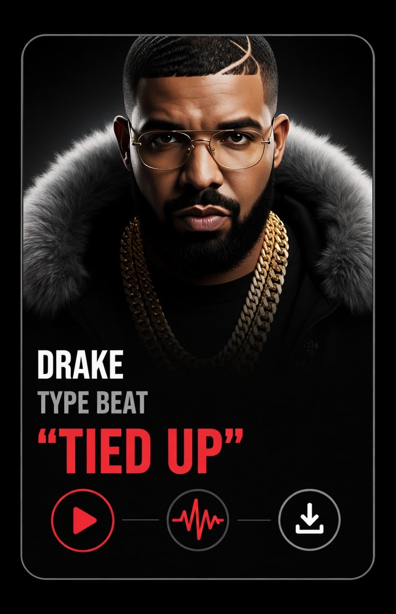 Drake beat with hook tied up A man with a trimmed beard, glasses, and short hair wears gold chains and a fur-collared jacket. The text reads: Drake Type Beat TIED UP, with play, waveform, and download icons below.