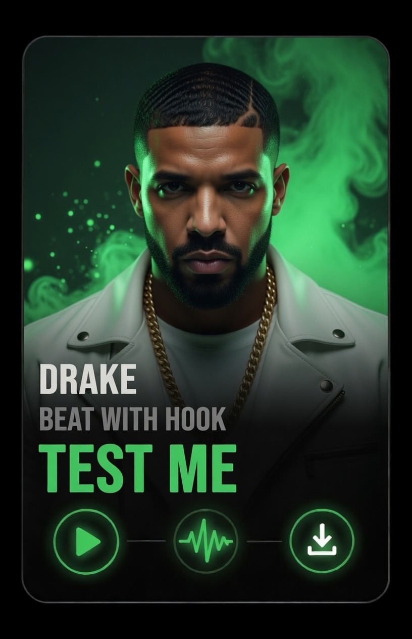 Drake hook type beat test me A serious man in a white jacket and gold chain is surrounded by green smoke. Text reads: Drake, Beat with Hook, Test Me. Green icons for play, soundwave, and download appear at the bottom.