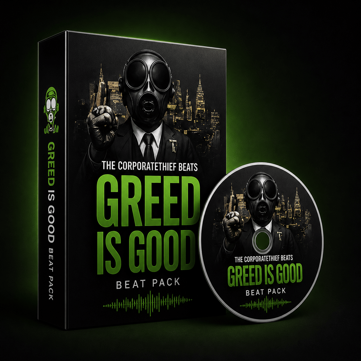Free Beat Pack - Greed Is Good Beat Tape A CD and its case titled Greed Is Good Beat Pack by The CorporateThief Beats, featuring a person in a black suit and gas mask making a peace sign, with a city skyline in the background and green text.