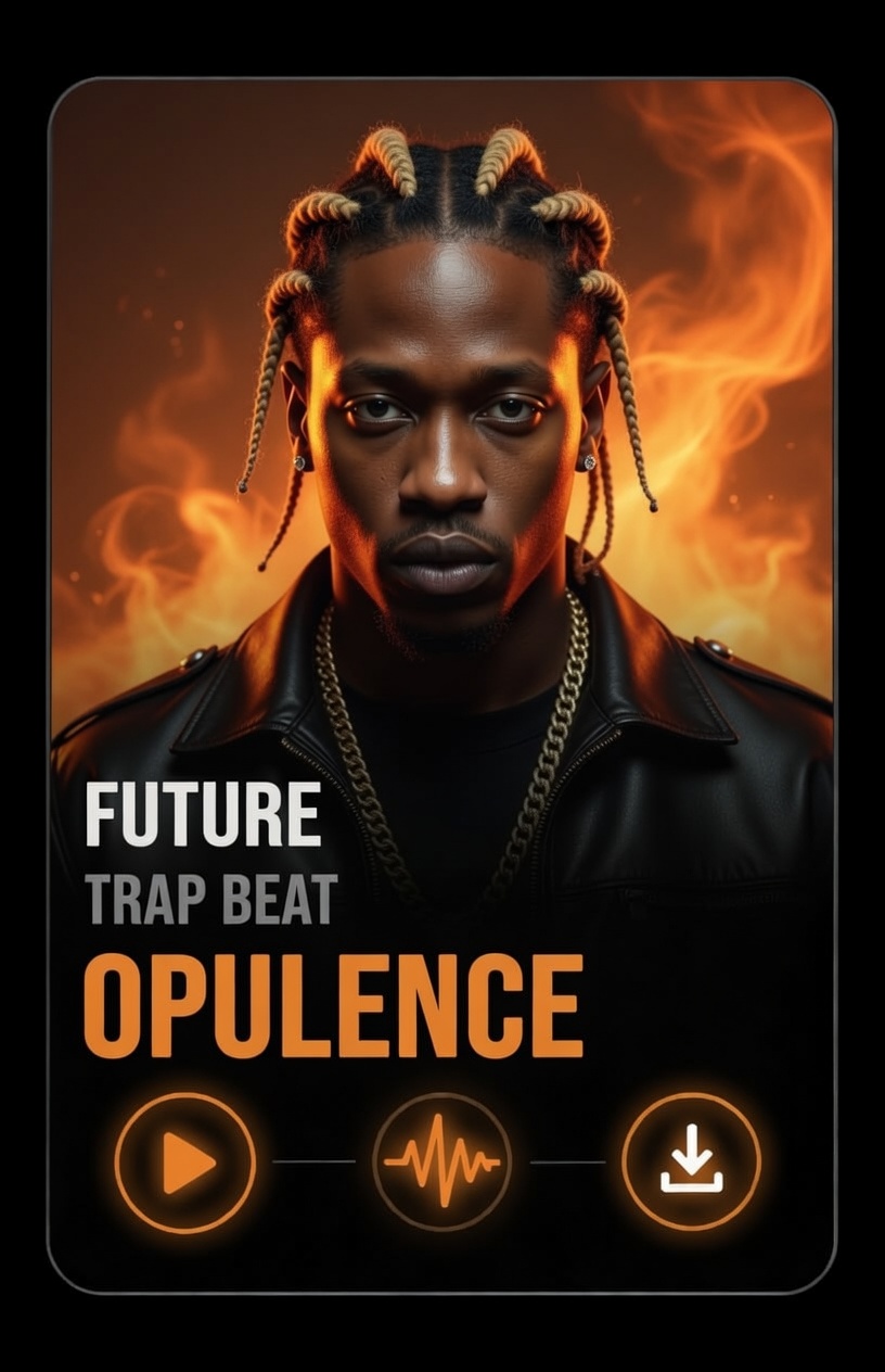 Future Dark instrumental opulence A man with braided hair and a gold chain poses in front of fiery orange flames. Text reads “Future Trap Beat Opulence” with play, audio, and download icons below. The design has a bold, modern look.