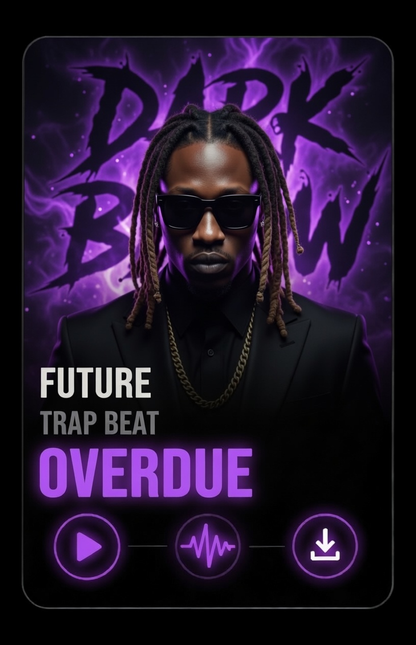 Future Trap type beat over due A man with dreadlocks, sunglasses, and a gold chain poses in front of a purple and black background with “DARK BLOW” text. Below, it reads “FUTURE TRAP BEAT OVERDUE” and shows play, audio, and download icons.