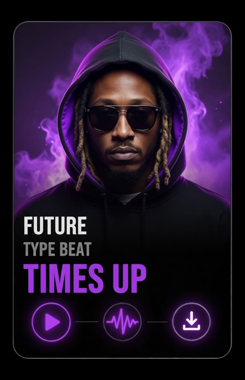 Future Type beat times up A man in a black hoodie and sunglasses stands against a purple smoky background. Text reads Future Type Beat Times Up with icons for play, soundwave, and download below.