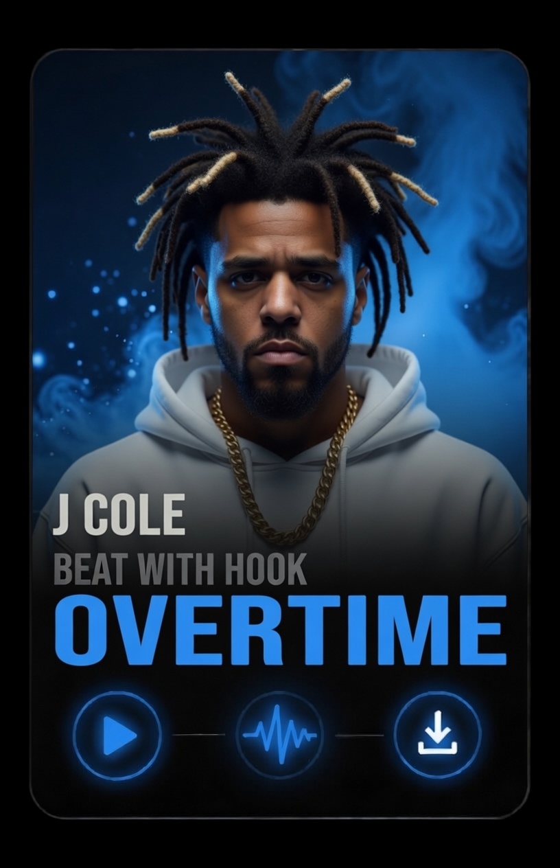 J Cole - hook instrumental beat - Overtime A promotional graphic featuring a man with dreadlocks and a gold chain wearing a white hoodie, standing against a blue smoky background. Text reads: J Cole Beat With Hook Overtime with play, audio, and download icons below.