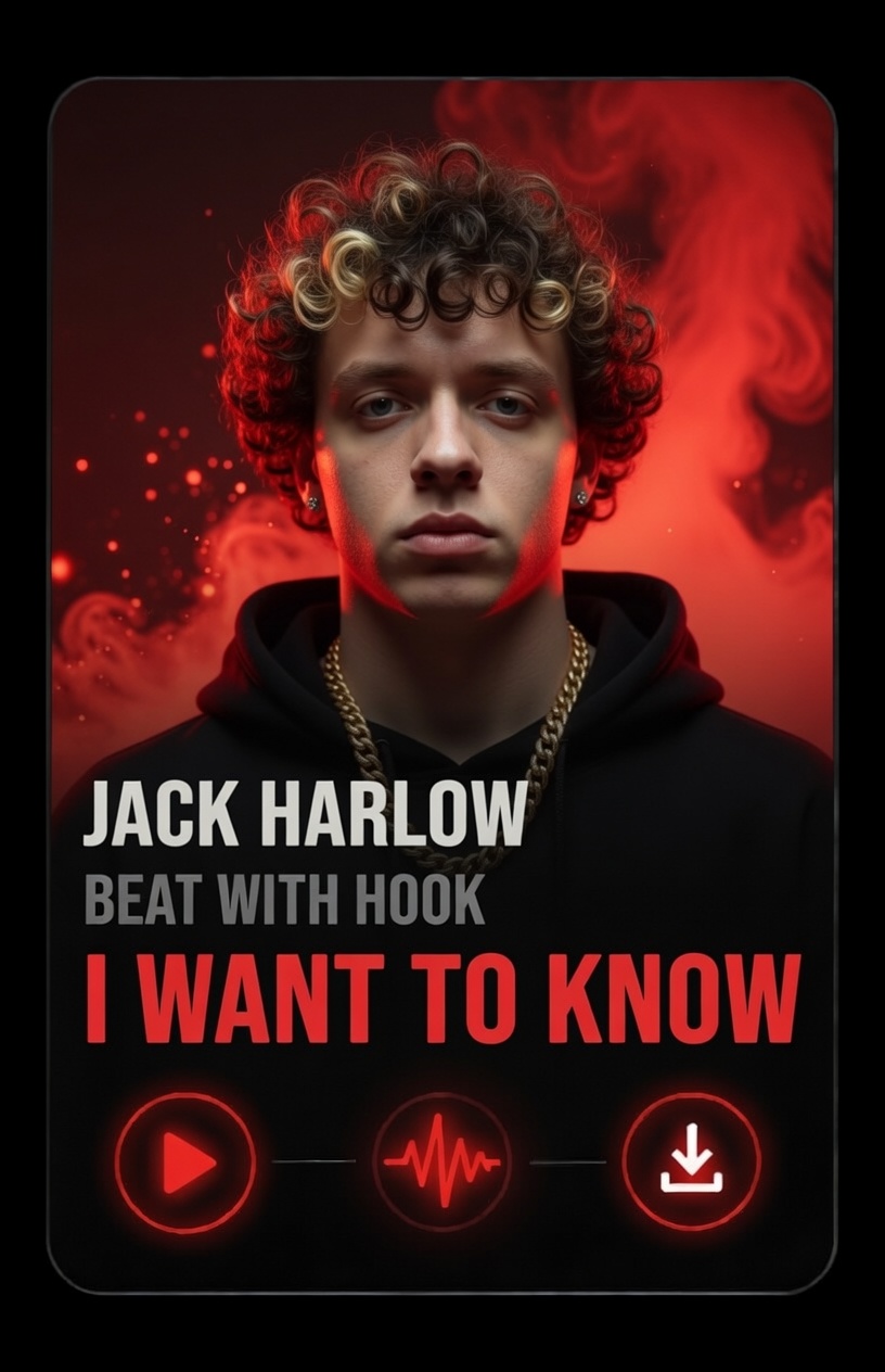 Jack Harlow - hook beat - I want know A young man with curly hair and a gold chain stands against a smoky red background. Text reads: Jack Harlow Beat With Hook I Want To Know with icons for play, soundwave, and download below.