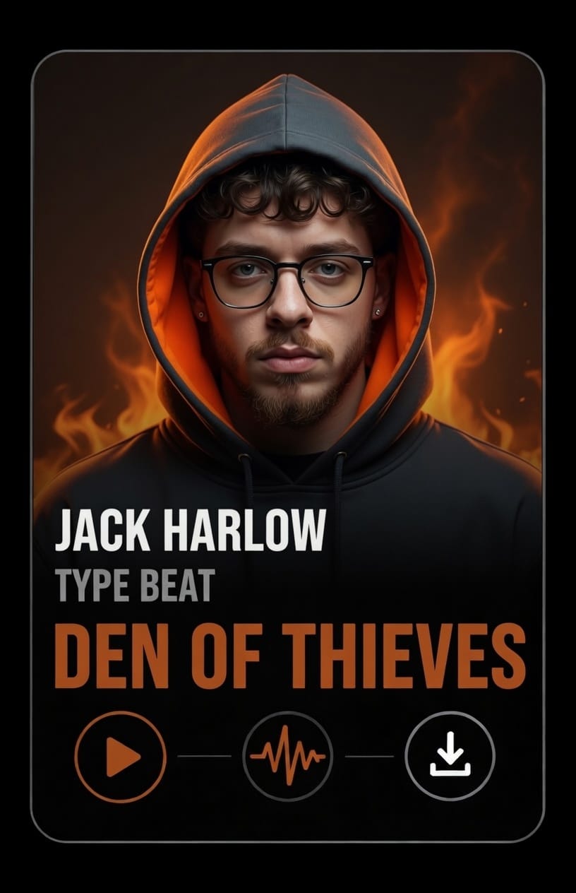 Jack Harlow type beat den of theives A young man in a black hoodie with orange lining stands in front of flames, wearing glasses. Text reads Jack Harlow Type Beat – Den of Thieves with play, audio, and download icons below.