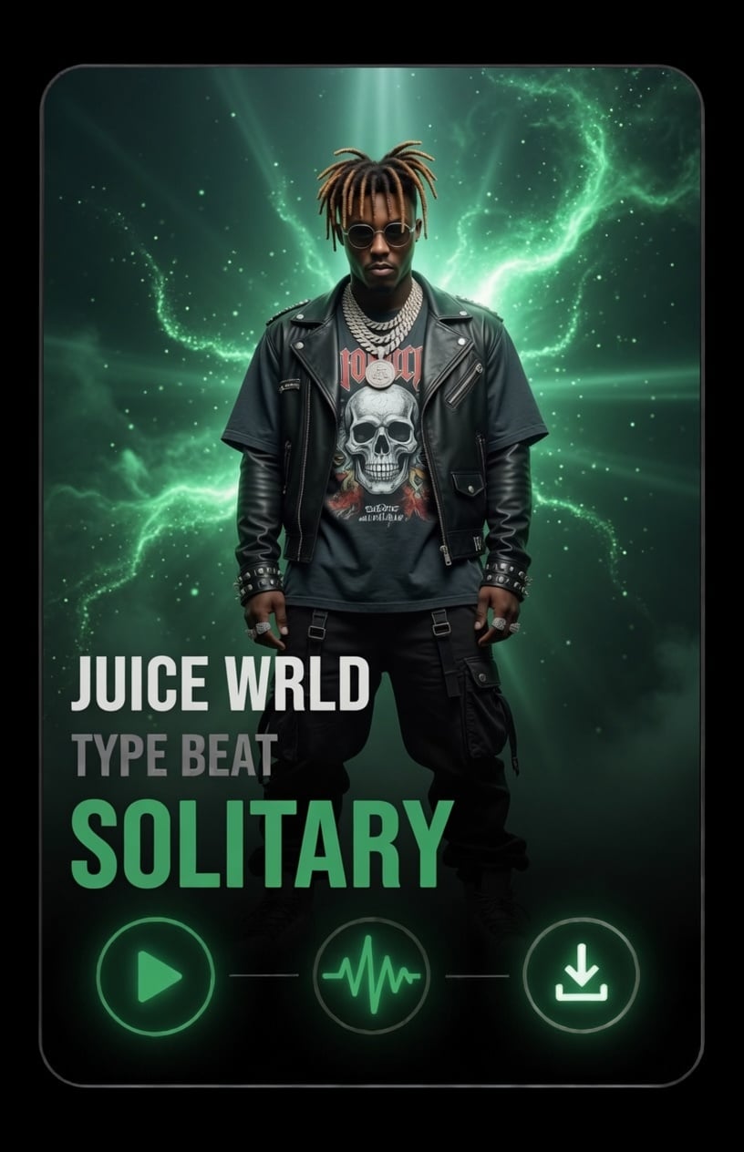 Juice Wrld type beat solitary A person in edgy streetwear stands against a green, electrified background. Text reads “Juice WRLD Type Beat SOLITARY” with play, soundwave, and download icons at the bottom.