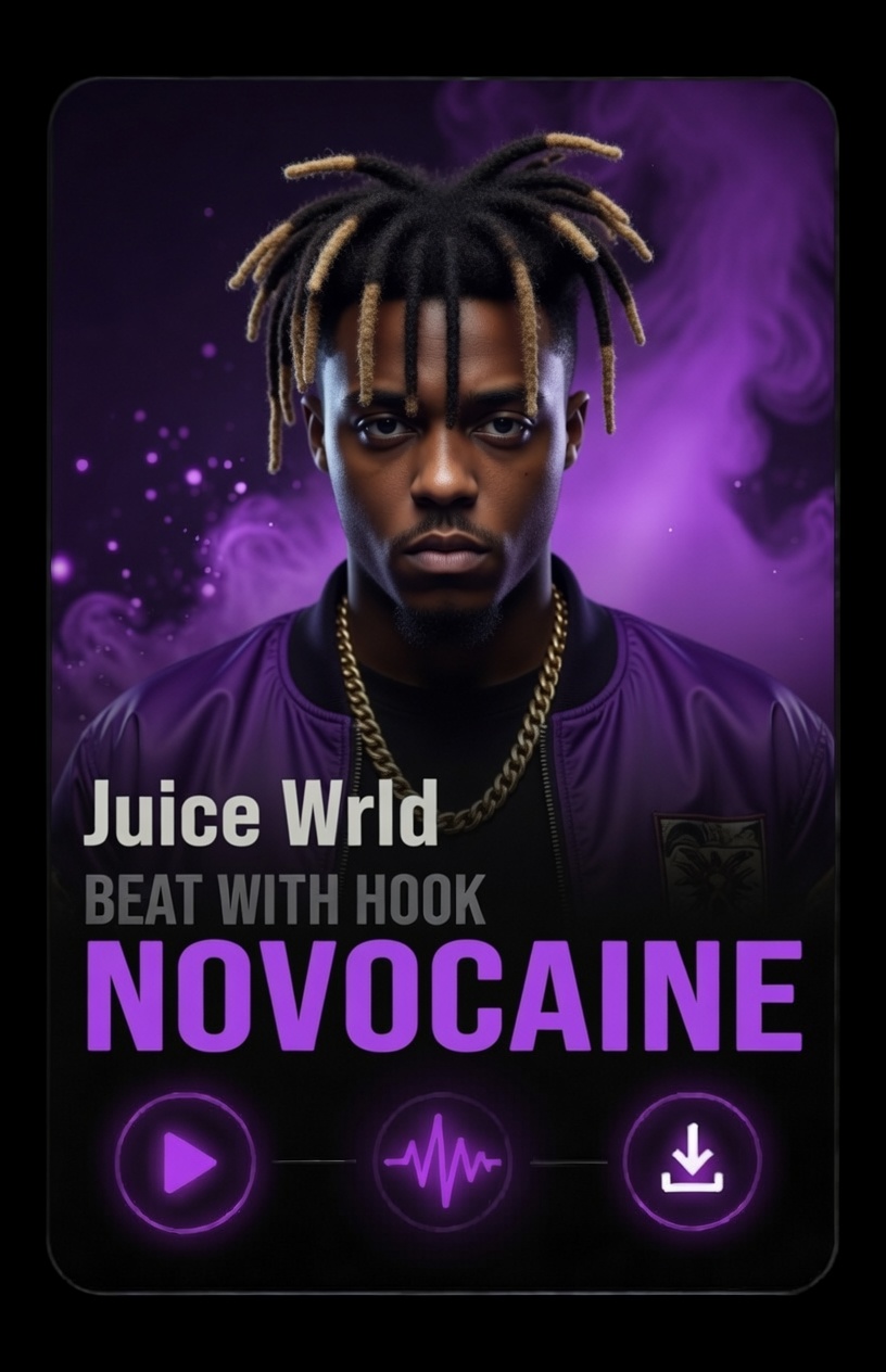 Juice wrld - novocaine instrumental with hook A digital music card featuring Juice Wrld on a purple background with smoke effects. Text reads: Juice Wrld BEAT WITH HOOK NOVOCAINE. Below are play, waveform, and download icons.