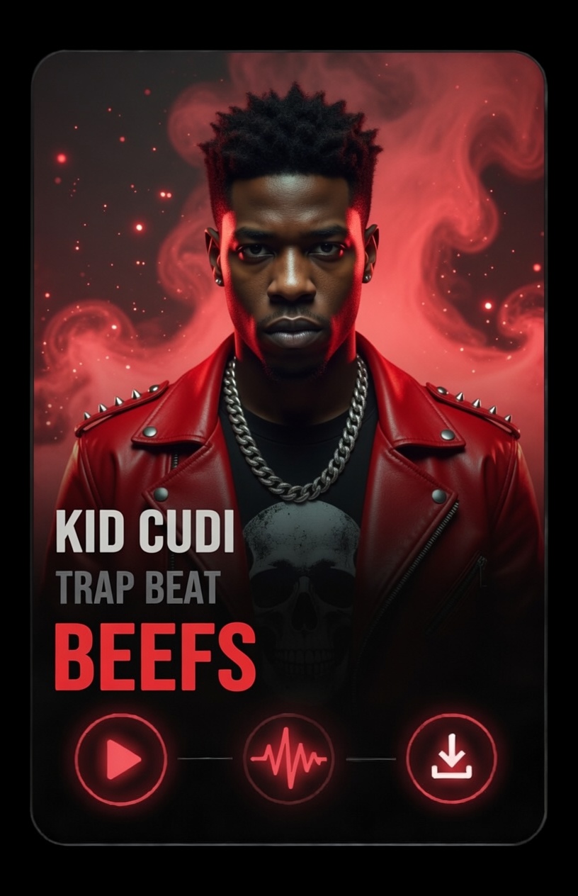 Kid Cudi meldoic trap beat A man in a red leather jacket and chain necklace stands in front of a smoky red background. Text reads Kid Cudi Trap Beat BEEFS, with play, soundwave, and download icons below.