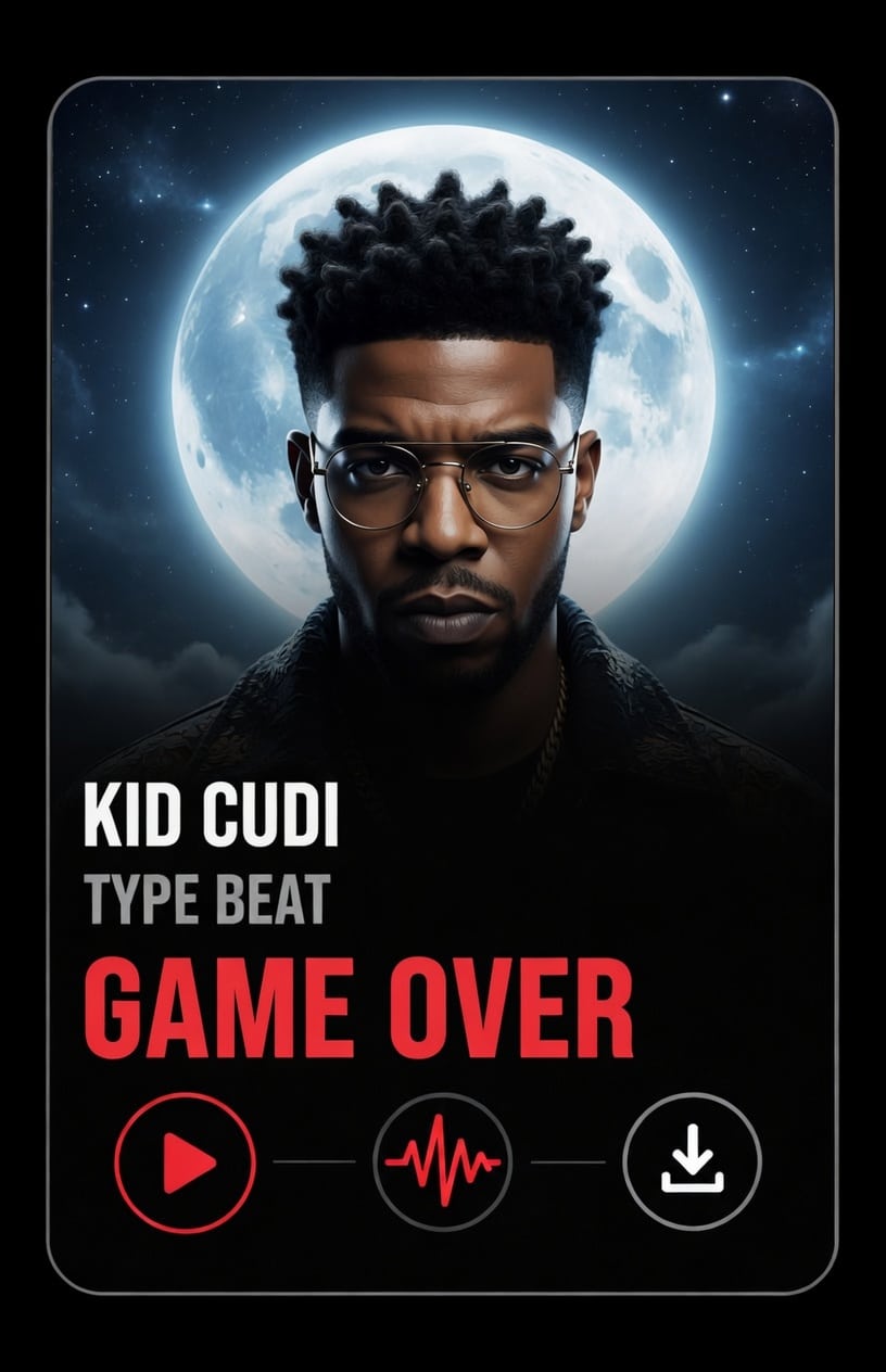Kid Cudi type beat game over A man with short curly hair and glasses stands in front of a large full moon. Text reads: Kid Cudi Type Beat GAME OVER. Three icons appear below: play, audio waveform, and download.