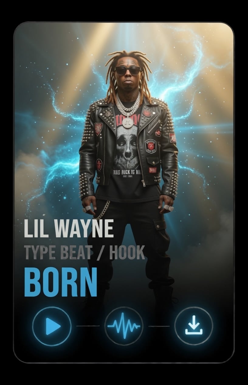 Lil Wayne type beat born A man with dreadlocks wearing sunglasses, a studded leather jacket, and dark pants stands confidently against a dramatic, glowing blue and gold background. Text reads: LIL WAYNE TYPE BEAT / HOOK BORN with music icons below.