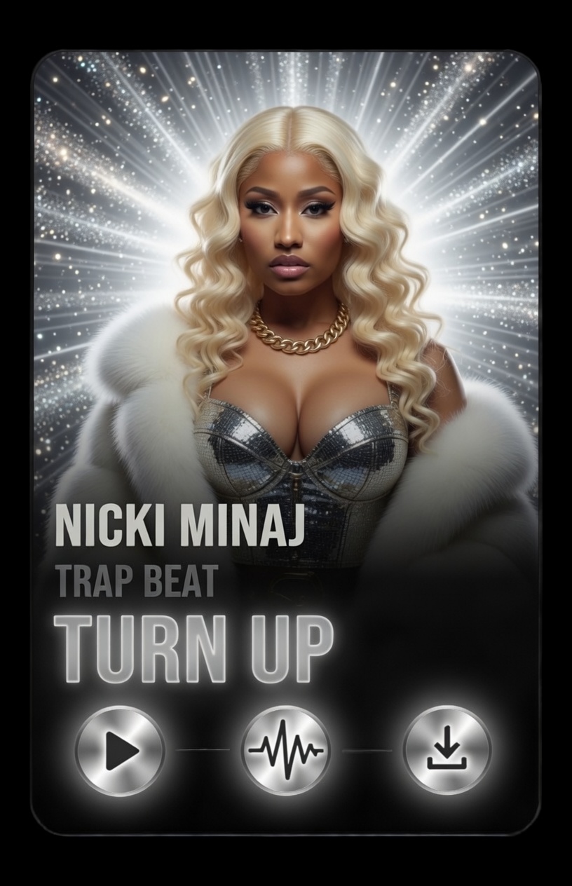 Nicki Minaj agressive trap beat Nicki Minaj posing confidently in a glamorous silver outfit and white fur coat, with a radiant starburst background. Text reads: “Nicki Minaj, Trap Beat, Turn Up,” with play, sound, and download icons below.
