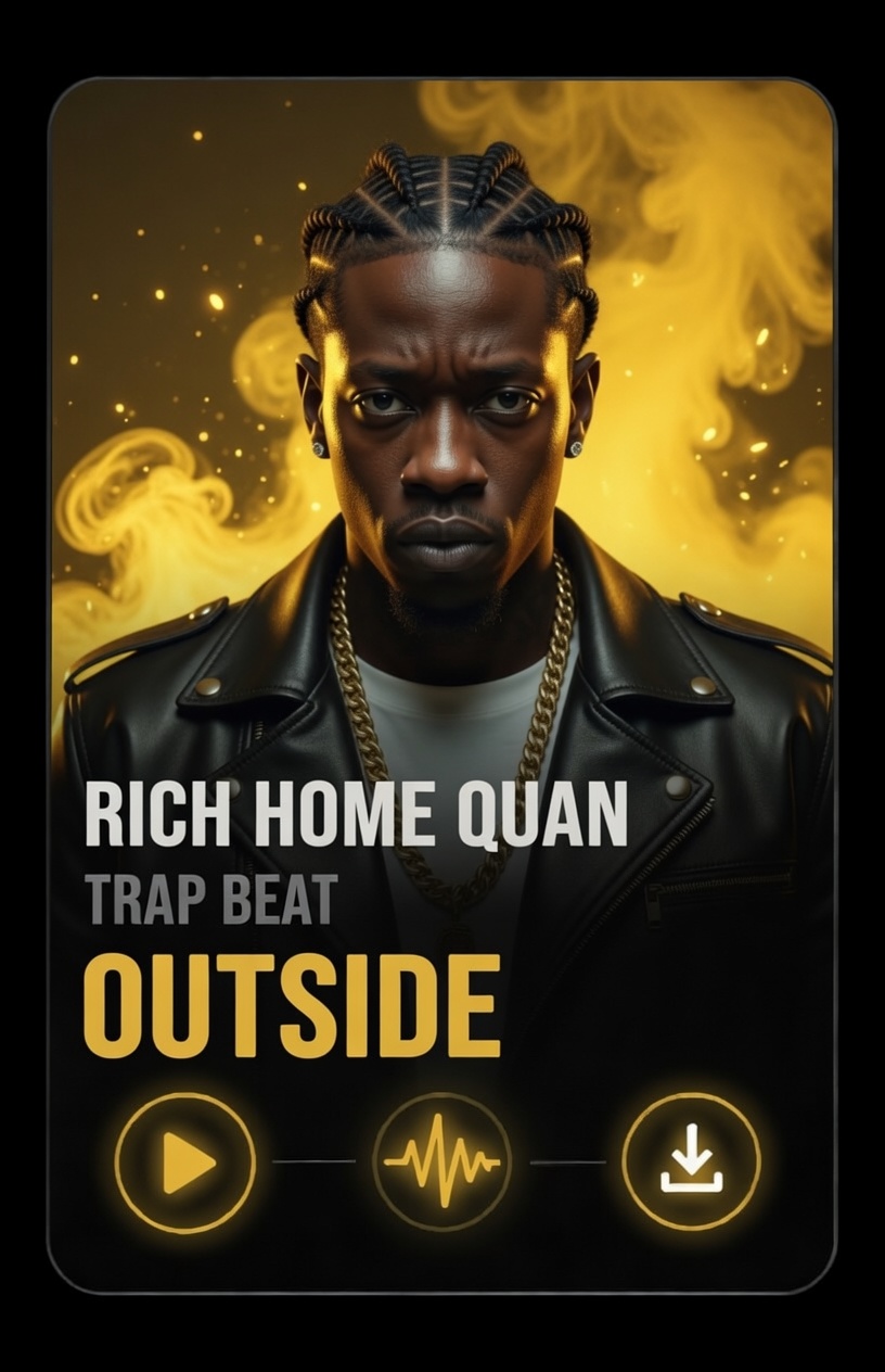 Rich Homie Quan Atlanta trap instrumental outside rick homie quan in a black leather jacket poses confidently against a yellow smoky background. Text reads Rich Home Quan, Trap Beat, Outside with play, soundwave, and download icons below.