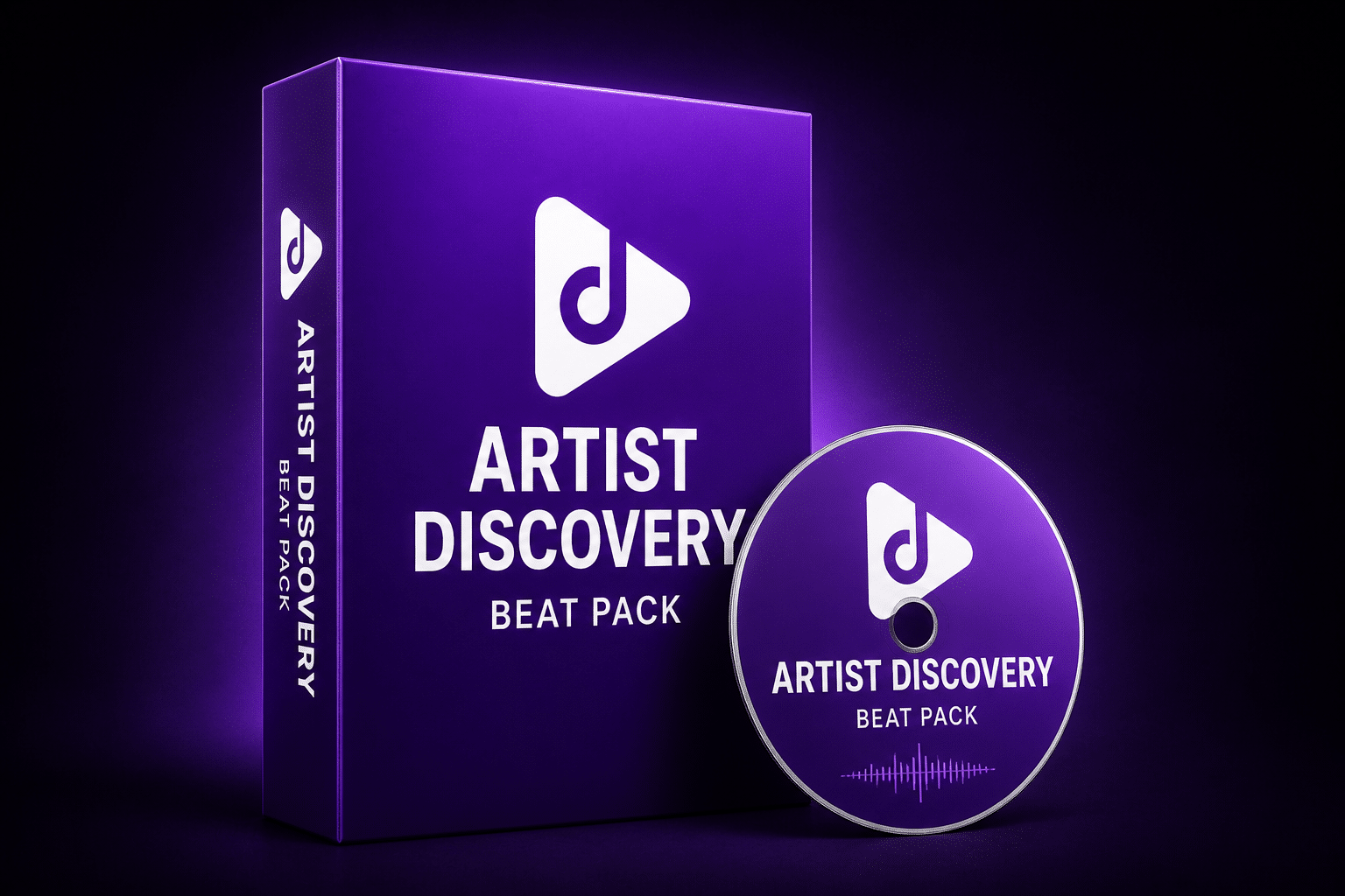 The Artist Discovery Beat Tape A purple box and CD labeled Artist Discovery Beat Pack, featuring a white play button logo with a music note inside, displayed against a dark purple gradient background.