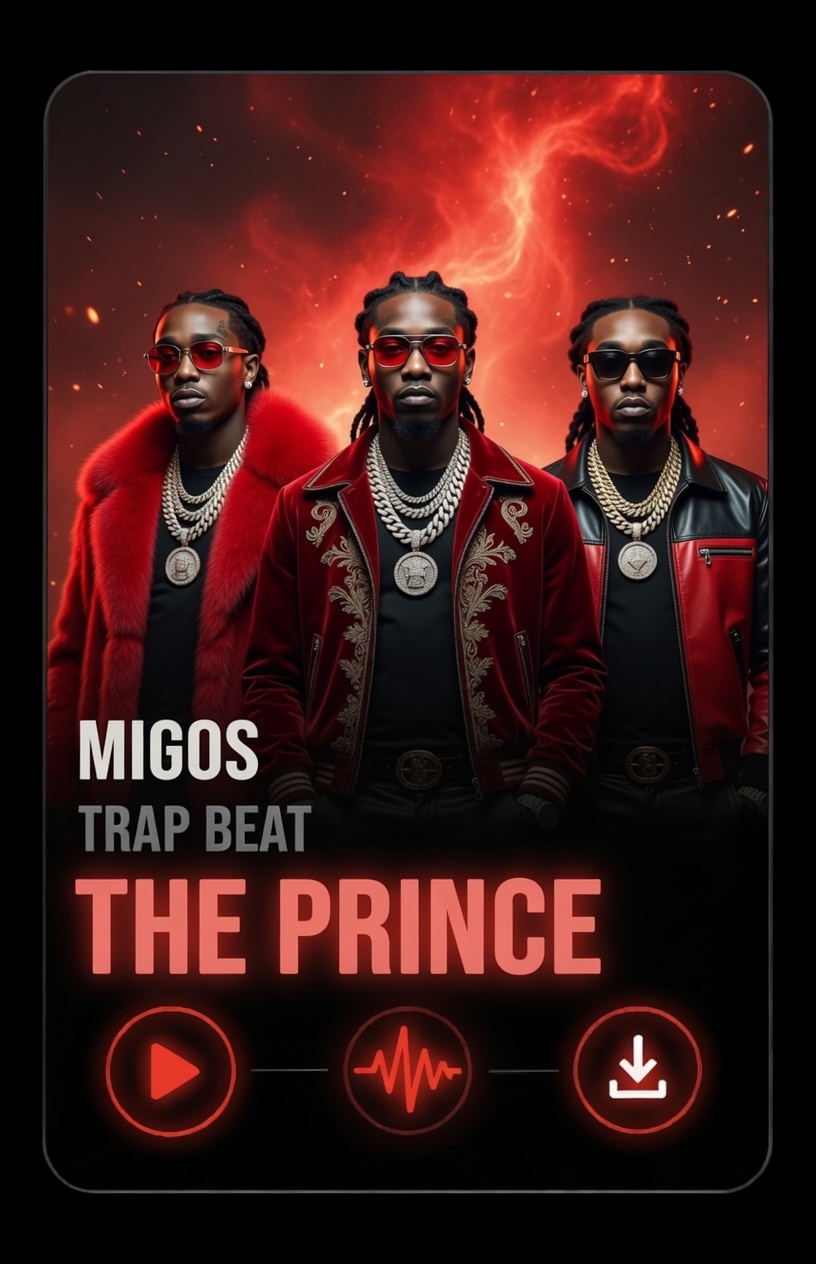 The Migos Trap Beat The Price Three men in stylish red and black outfits with sunglasses and chains pose confidently in front of a fiery, abstract background. Text reads: Migos Trap Beat - The Prince with music control icons below.