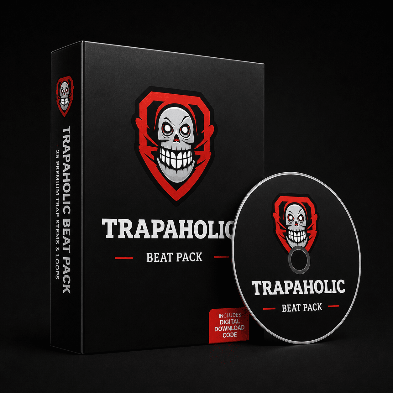 Trapaholic Beat Tape A black box and CD labeled Trapaholic Beat Pack featuring a grinning skull logo with red accents. The box mentions 25 Premium Trap Starter Loops and includes a red sticker about a digital download code.