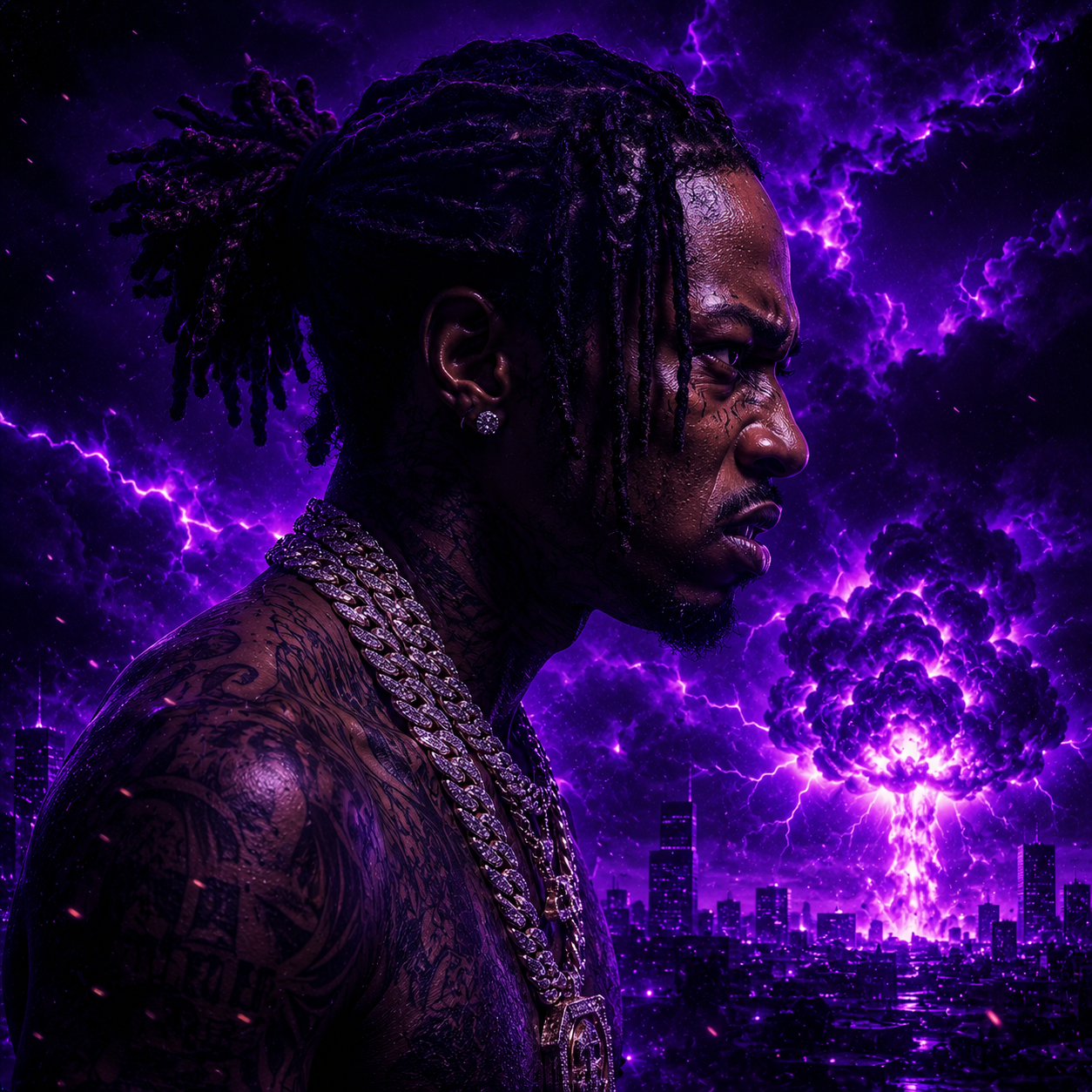 about-to-blow-future-type-beat Angry futuristic rapper surrounded by violent purple lightning, smoke, and explosive neon energy depicting the aggressive 808-heavy trap atmosphere, cinematic tension, and high-energy performance style associated with Future-inspired type beats