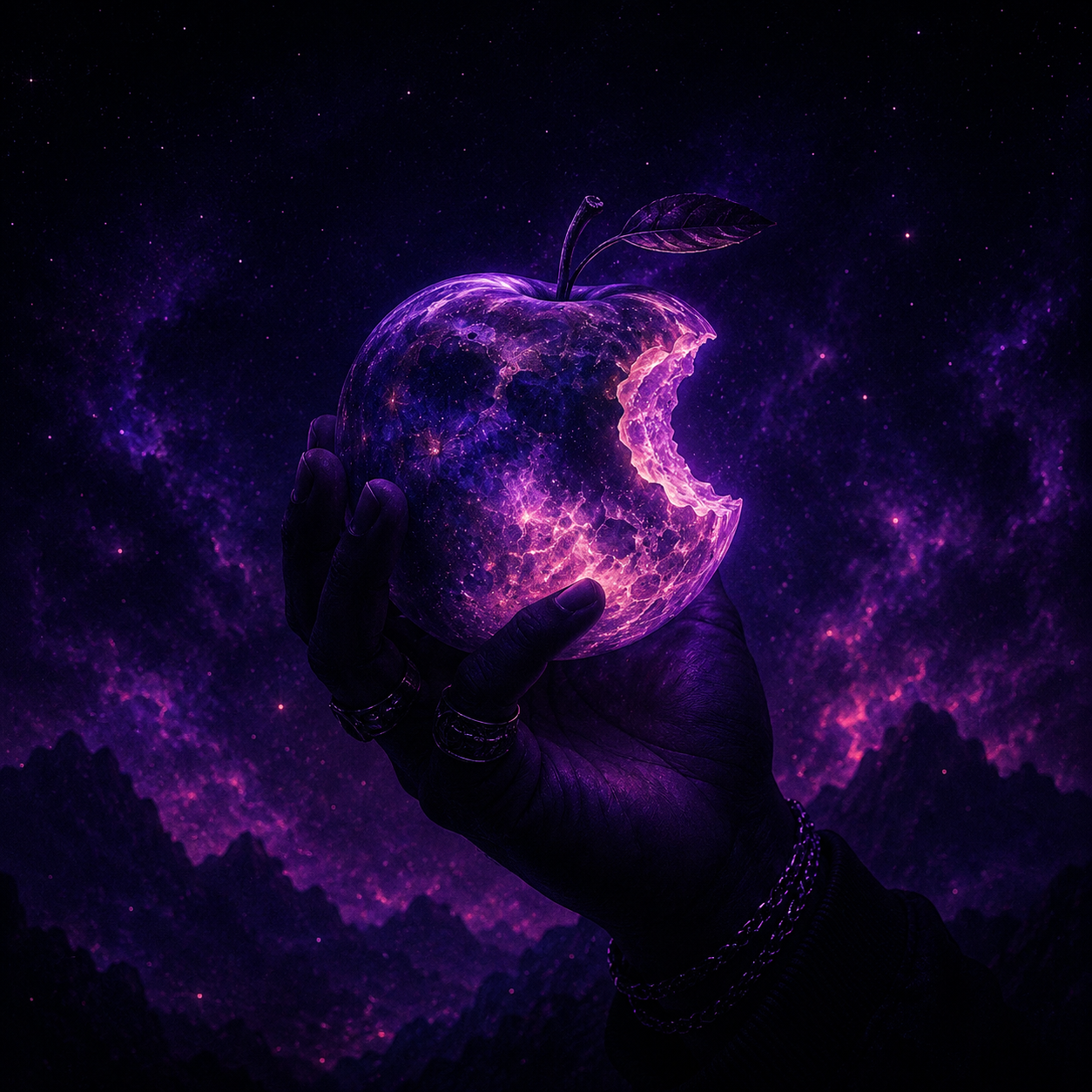appetite-kid-cudi-type-beat Late night abstract trap artwork inspired by Kid Cudi featuring a rapper’s hand holding a glowing cosmic apple with a bite taken out of it beneath a psychedelic purple space sky with atmospheric emotional trap aesthetics.
