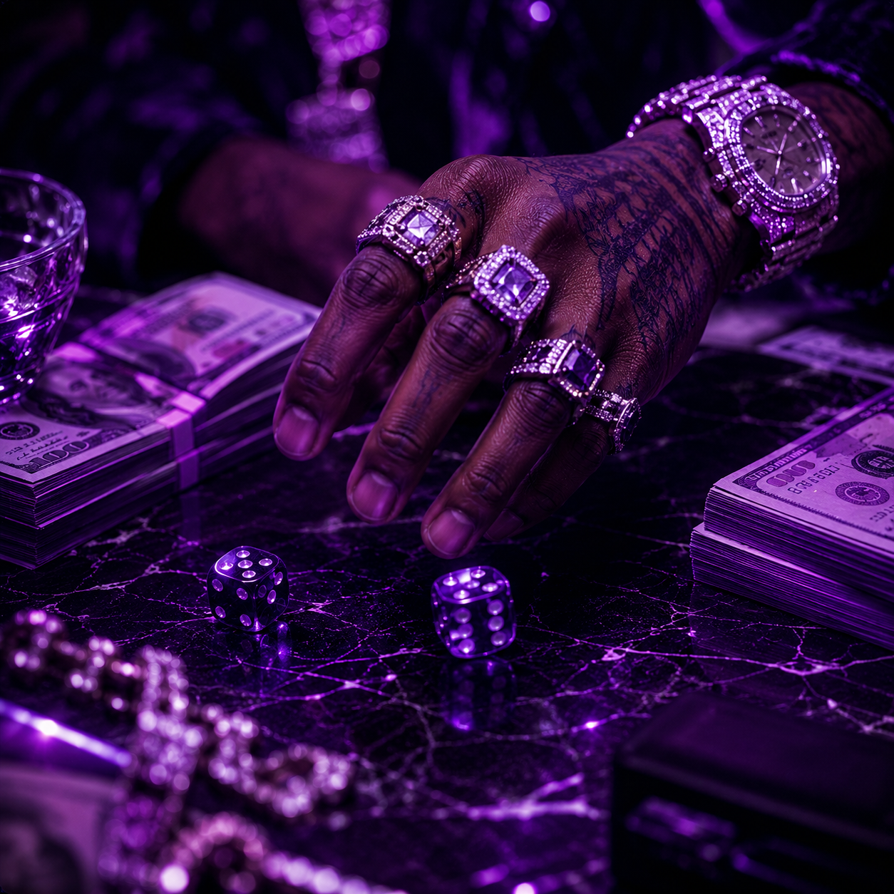 back-me-future-instrumental Tattooed rapper’s hand covered in diamond jewelry rolling dice beside stacks of cash under futuristic purple neon lighting, depicting the smooth bounce, melodic trap energy, and modern hip hop atmosphere associated with Future-inspired instrumentals