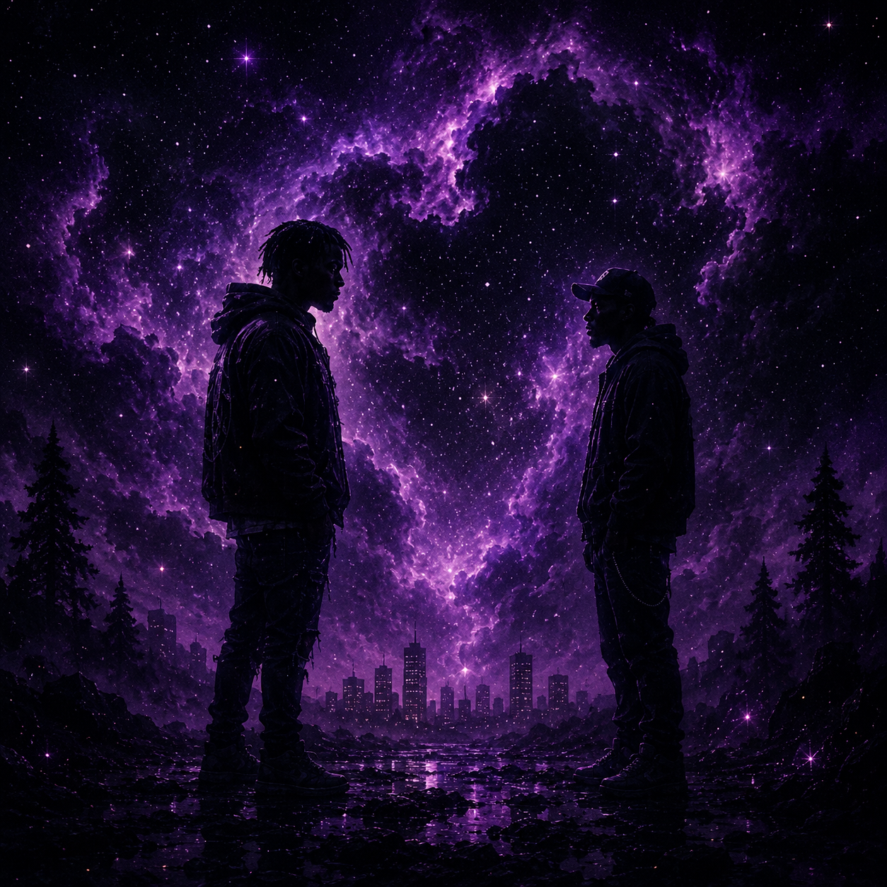 beefs-kid-cudi-type-beat Dark melodic Kid Cudi inspired hip hop beat artwork featuring two rappers facing each other beneath a glowing purple cosmic sky with atmospheric psychedelic space rap aesthetics and emotional late-night energy.