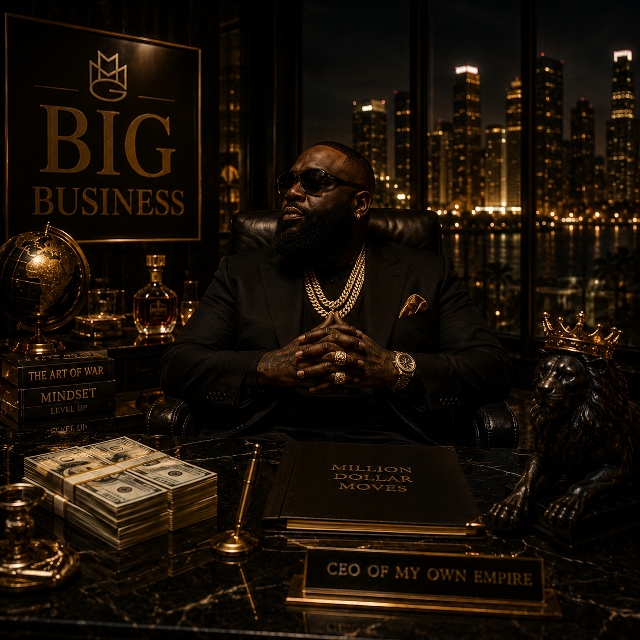 big-business-rick-ross-type-beat Luxury boss rap artwork featuring a wealthy businessman in a high-rise office surrounded by money, city lights, and upscale decor, inspired by cinematic Rick Ross-style instrumentals with motivational street energy and powerful MMG-style production