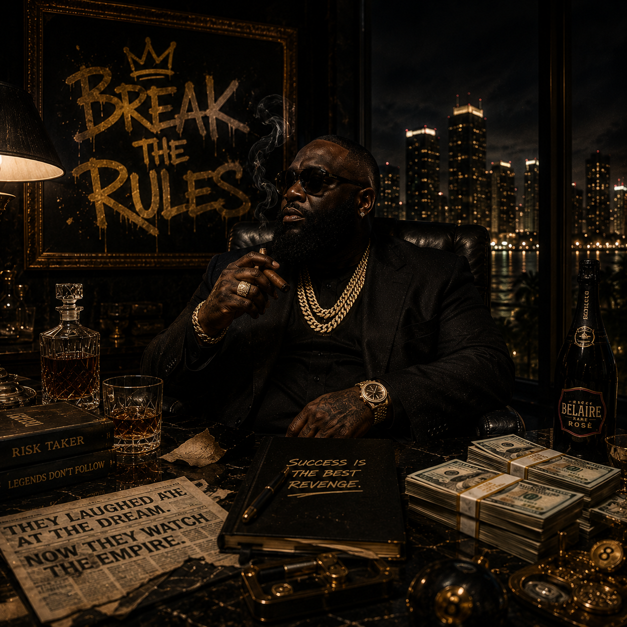 break-the-rules-rick-ross-type-beat Dark cinematic luxury rap artwork featuring a wealthy boss smoking a cigar inside a high-rise office surrounded by money, city lights, and upscale decor, inspired by Rick Ross-style instrumentals with motivational street energy, orchestral trap production, and boss-level hip hop vibes