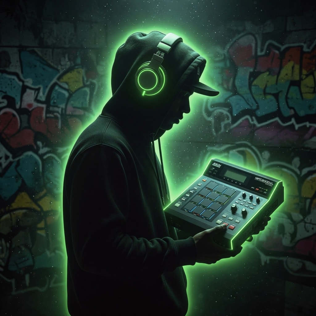 chill hip hop beats square image of a siloutte rapper with hip hood up with headphones on with light green glow image to represent chill hip hop beats