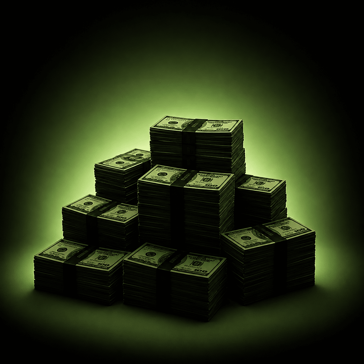 dark-money-stack-green-glow-trap-beat-cover Stacks of cash glowing under a dark green spotlight on a black background, creating a moody luxury atmosphere inspired by hip-hop trap beats and rap music cover art.