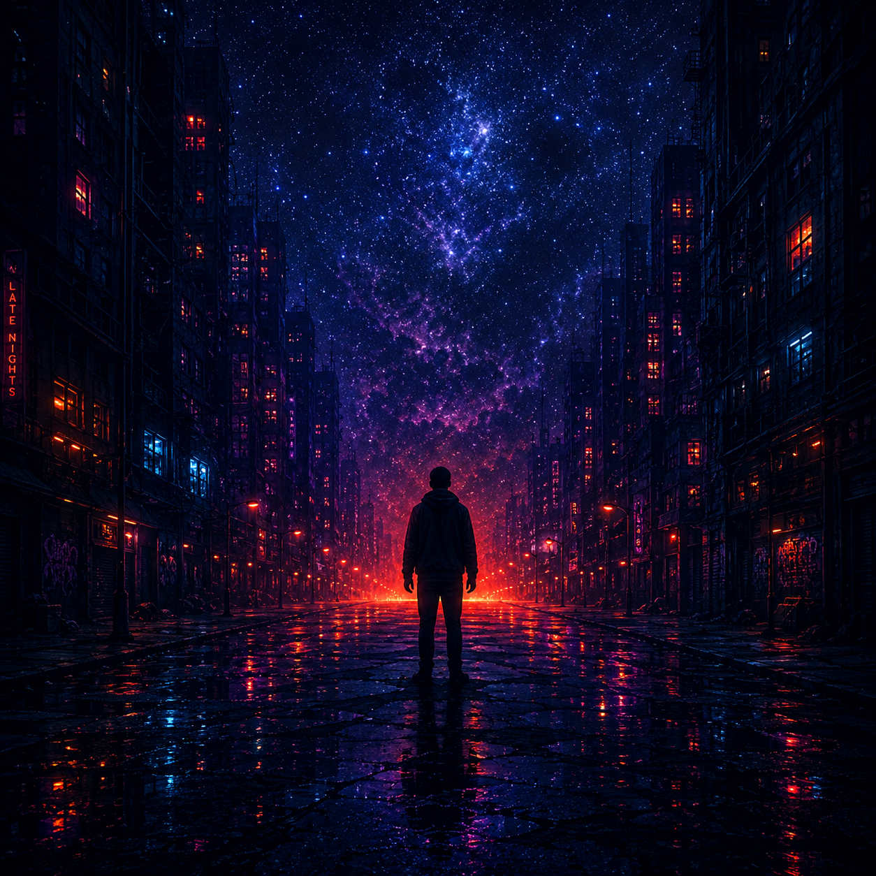 dark-times-kid-cudi-type-beat Atmospheric emotional trap artwork inspired by Kid Cudi featuring a lone rapper standing in a neon-lit city street beneath a cosmic galaxy sky with dark psychedelic late-night hip hop aesthetics.