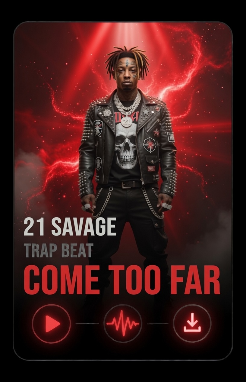 dark trap beat 21 savage come too far A promotional image features 21 Savage in a studded leather jacket with a skull design, standing against a fiery red, lightning-filled background. Text reads: 21 Savage Trap Beat COME TOO FAR with play, waveform, and download icons.