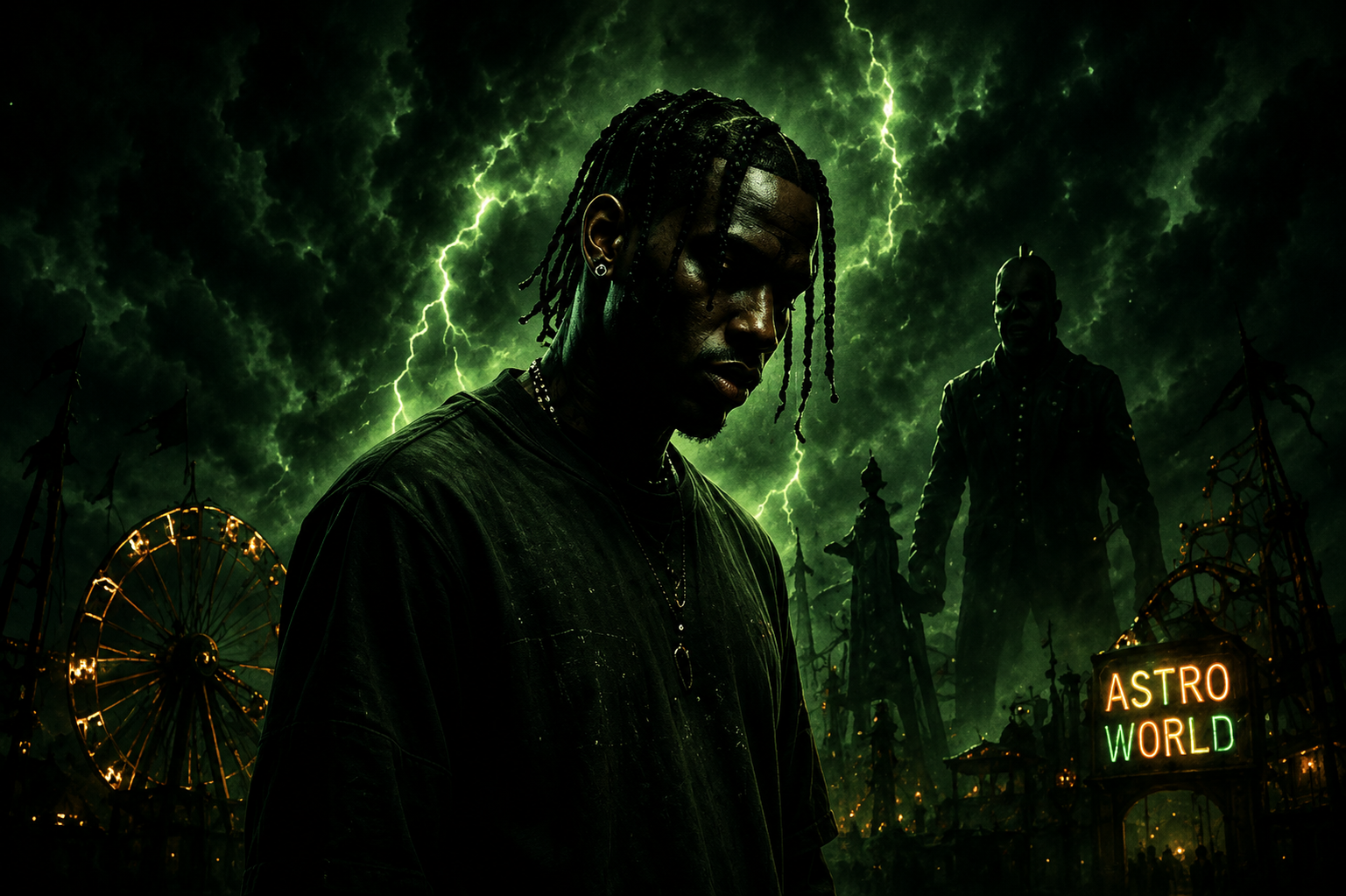 dark-travis-scott-type-beat-astroworld-inspired-banner Dark green cinematic artwork of a fictional rapper standing in a stormy apocalyptic carnival environment with lightning, shadowy figures, and eerie Astroworld-inspired visuals, representing atmospheric Travis Scott style trap beats.