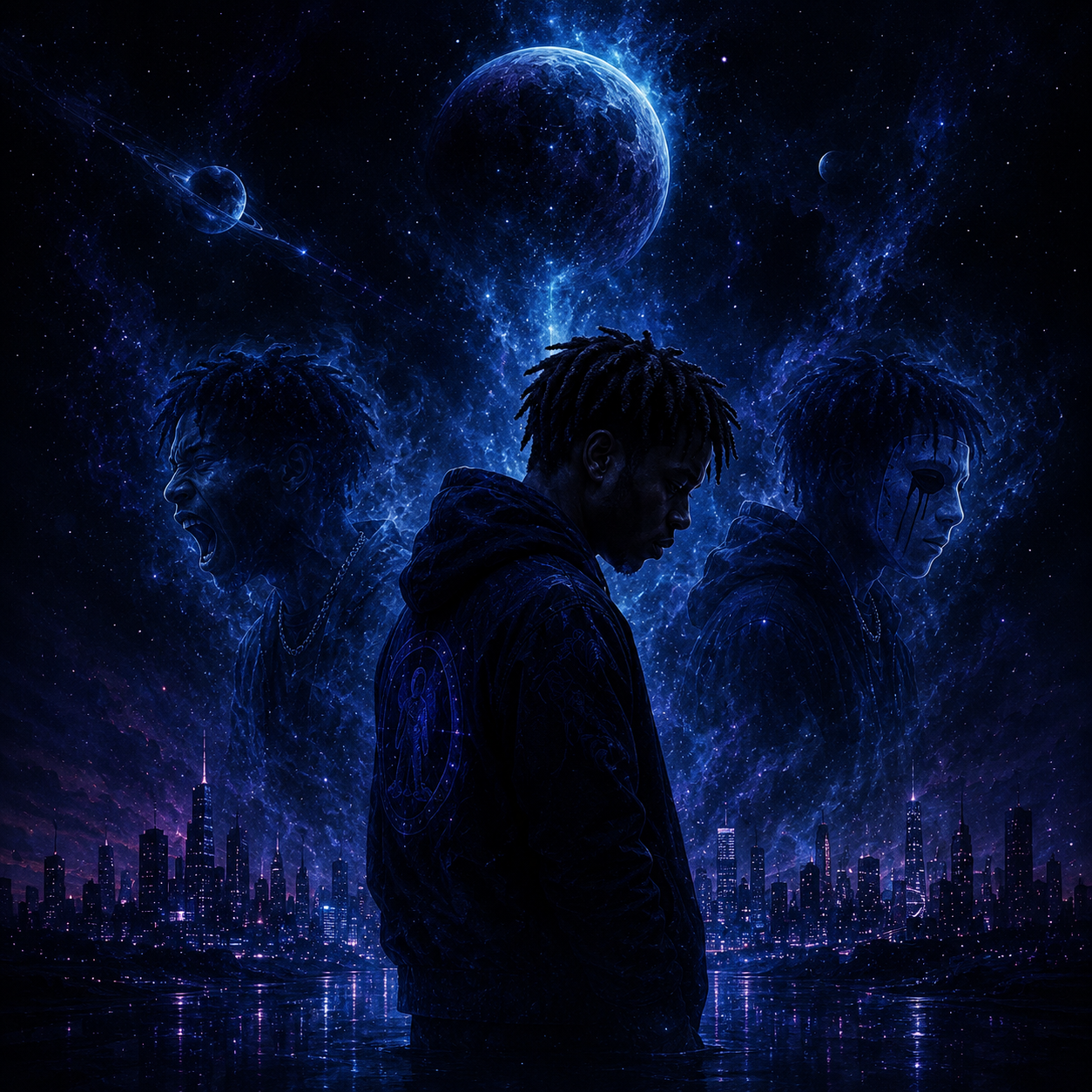 fake-faces-kid-cudi-type-beat Moody alternative hip hop artwork inspired by Kid Cudi featuring a rapper surrounded by ghostly alternate versions of himself beneath a glowing cosmic blue sky with dark emotional space rap aesthetics.