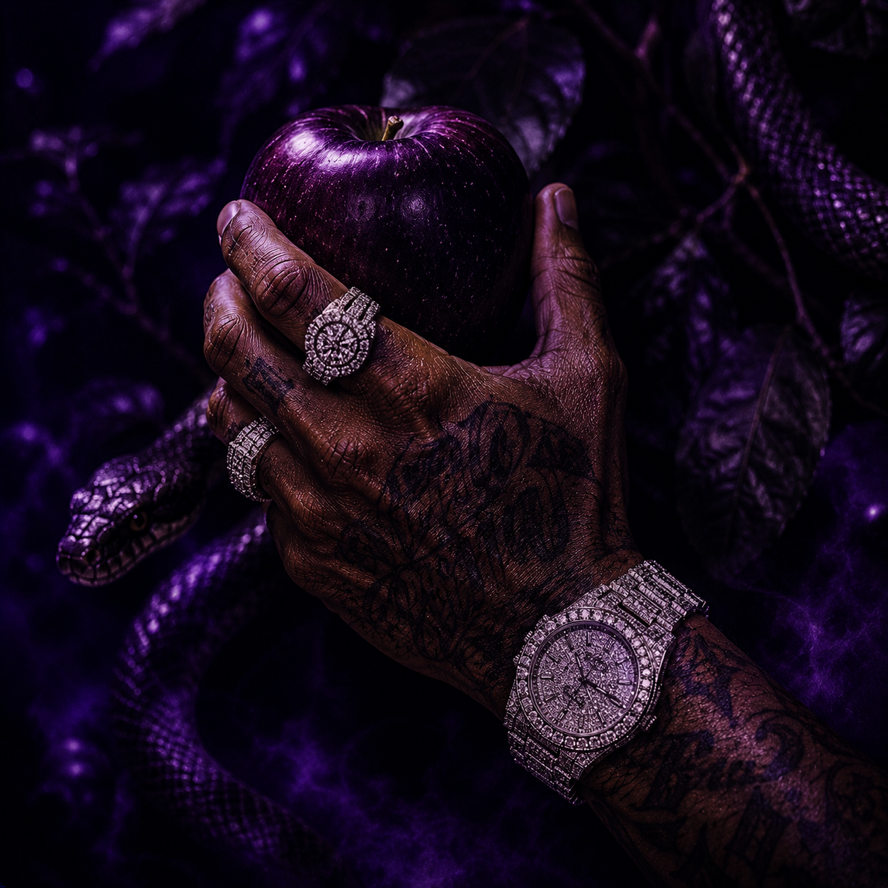 forbidden-future-type-beat Tattooed rapper hands wearing diamond jewelry and luxury watches holding a dark purple apple surrounded by atmospheric smoke and shadowy neon textures, depicting the smooth hypnotic late-night trap energy and calming cinematic production style associated with Future-inspired type beats