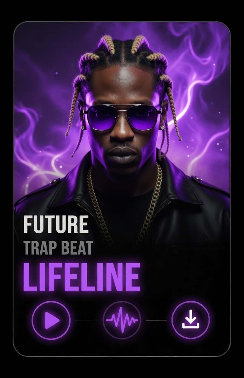future type beat instrumental Life Line A man wearing sunglasses and a black leather jacket stands in front of a purple, smoky background. Text reads: FUTURE TRAP BEAT LIFELINE. Play, sound, and download icons are shown below the text.