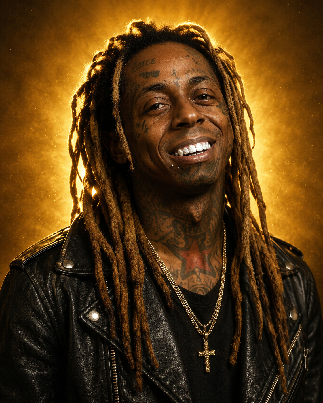 golden-glow-rapper-leather-jacket-portrait A studio-lit portrait of a smiling Black male rapper with long dreadlocks and facial tattoos, wearing a black leather jacket and gold chains, standing in front of a radiant golden glow background