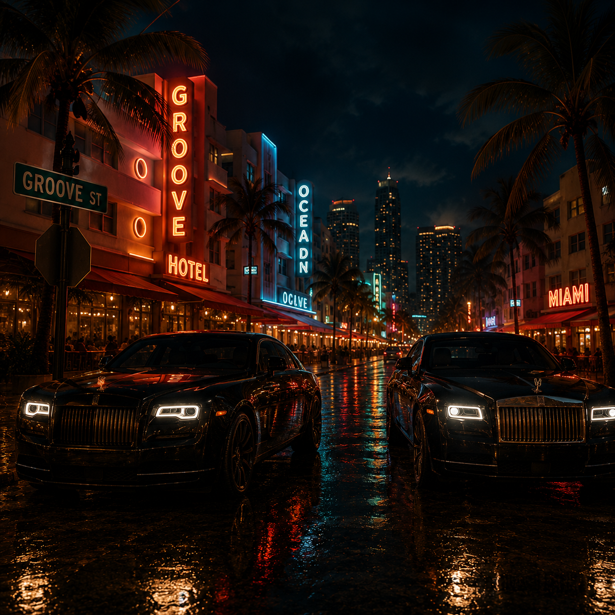 groove-st-rick-ross-type-beat Luxury Miami nightlife artwork featuring exotic black luxury cars on a neon-lit street inspired by soulful Rick Ross-style instrumentals, cinematic trap production, boss rap energy, and upscale Miami vibes