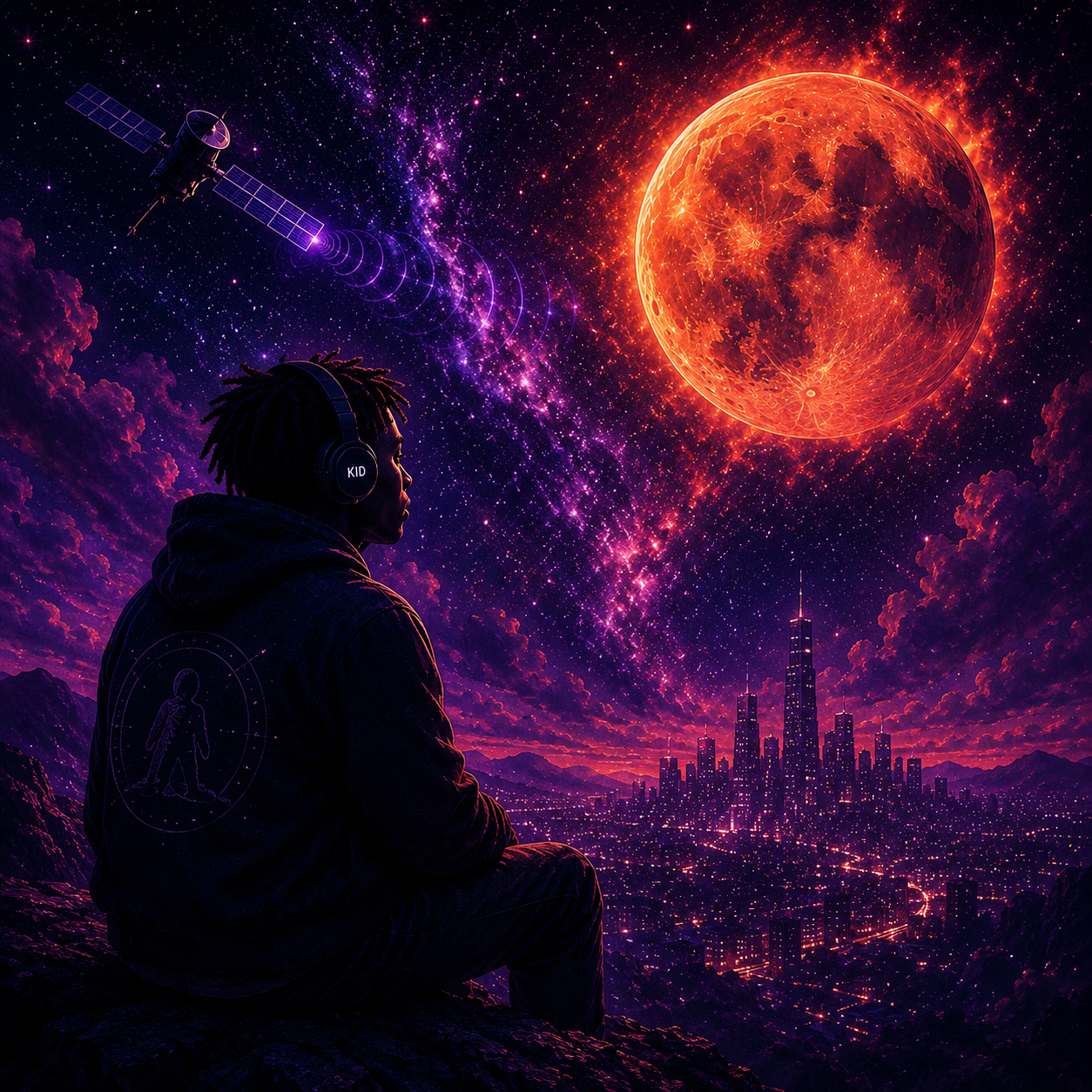 hear-them-calling-kid-cudi-type-beat Atmospheric emotional Kid Cudi inspired trap beat artwork featuring a rapper wearing headphones beneath a glowing orange moon while listening to signals from a distant satellite above a futuristic cosmic cityscape.